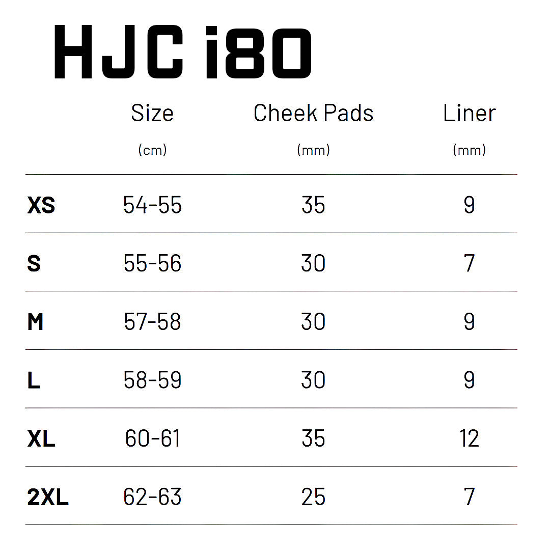 HJC i80 size chart